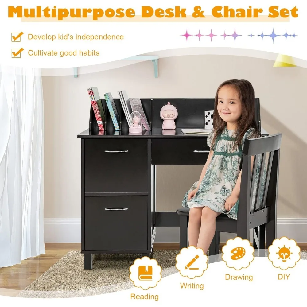 Children's Desk and Chair Set with Drawers and Storage, Student Writing Computer Workstation for Bedroom and Den