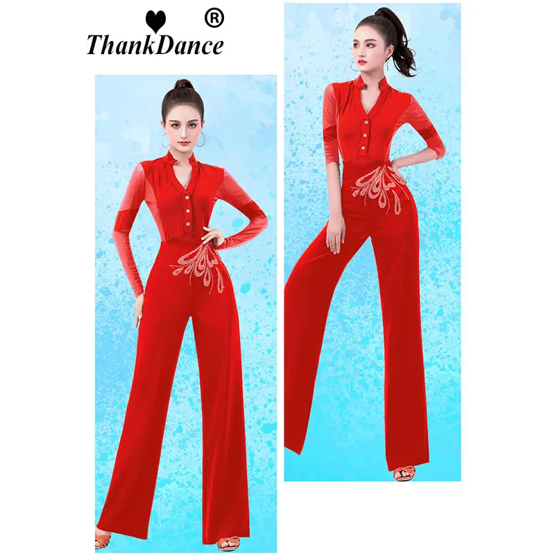 Elegant Women Diamonds Fashion Wide Leg Pants Ballroom Elastic High Waist Latin Dance Pant Modern Straight Latin Waltz Trousers