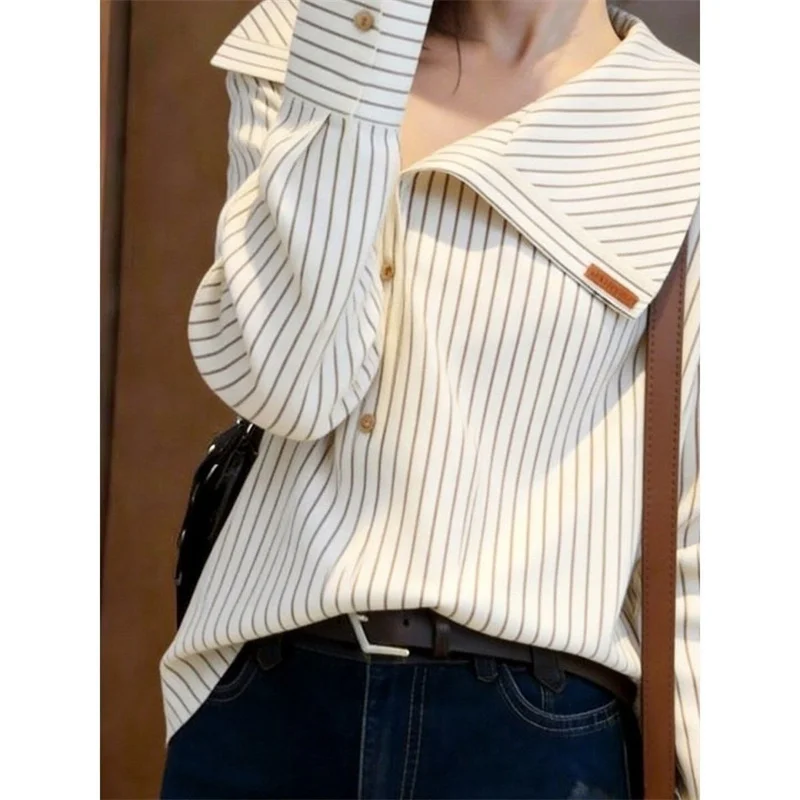 Spring Female Long Sleeved Casual Irregular Top Autumn Ladies Slanted Collar Loose Shirt French Women Fashion Thin Stripe Blouse