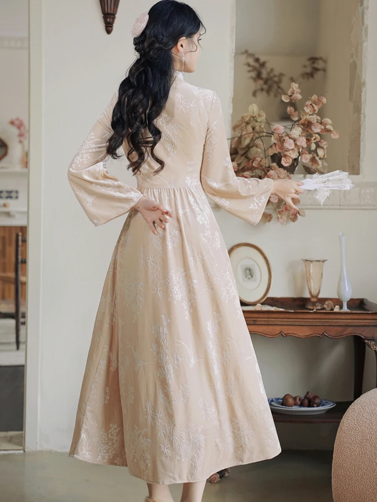 Vrouwen jacquard chique strik opstaande kraag maxi-jurk herfst winter Koreaanse vintage luxe jurk jurk 2025, elegante bodycon feestjurk