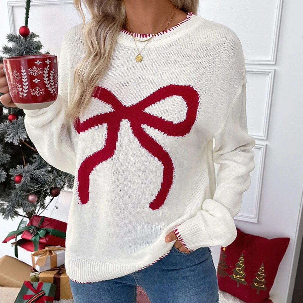 

Женский свободный свитер с длинным рукавом и круглым вырезом с принтом, осенне-зимний модный повседневный базовый элегантный повседневный свитер