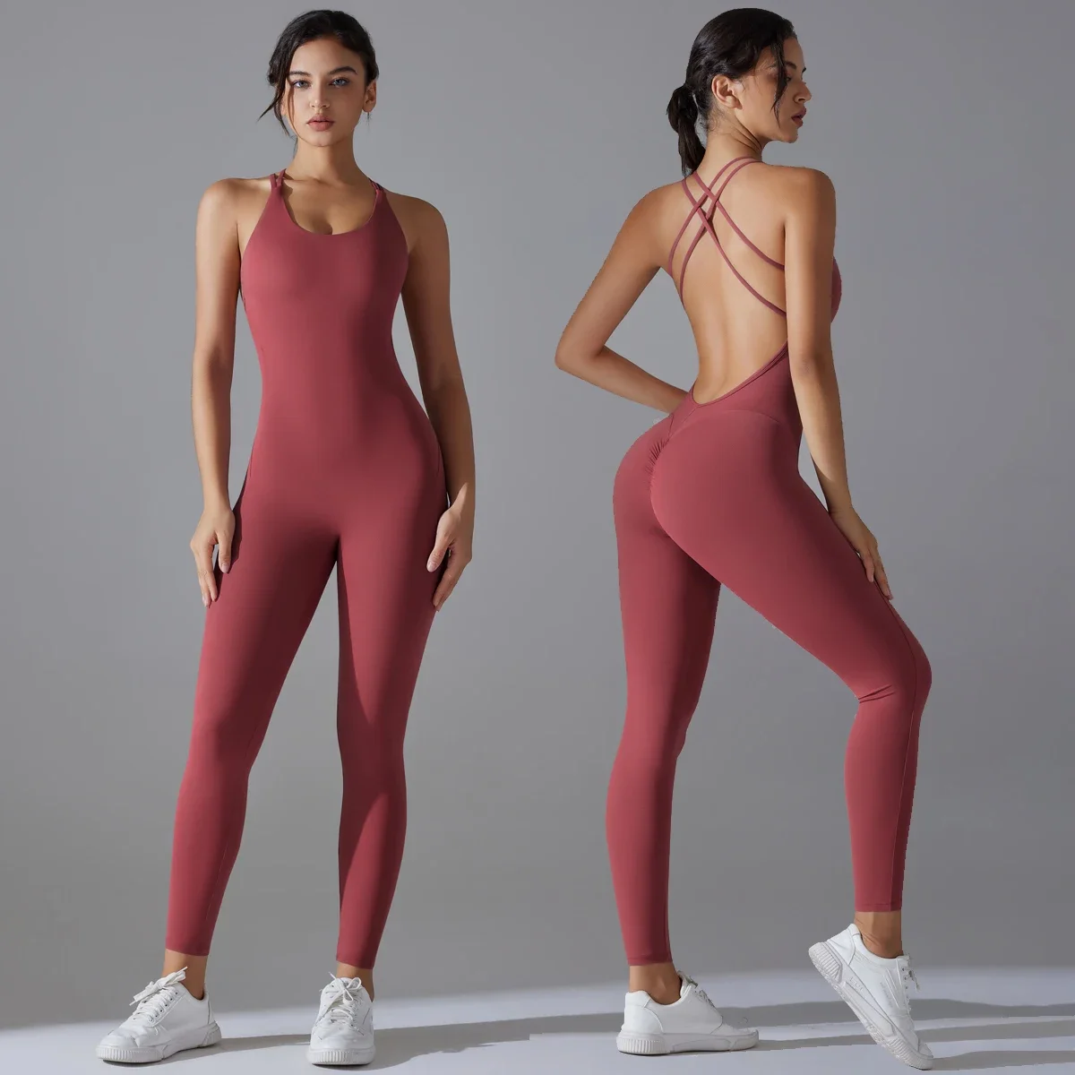 

Sexy Backless Bodycon Scrunch Jumpsuit Raises Butt Women Dance Fitness Overalls Push Up Sleeveless Yoga Sport Jump Suit