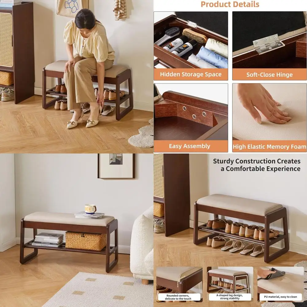

2-х уровневая скамья для обуви из орехового дерева с подушкой и откидной крышкой для хранения вещей, полка для обуви в прихожей 31,5 дюйма