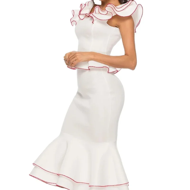

Женские комплекты платьев русалки с рюшами и розовыми акцентами, без рукавов до середины икры, облегающее бедра, идеально подходящее для официального мероприятия, свадьбы