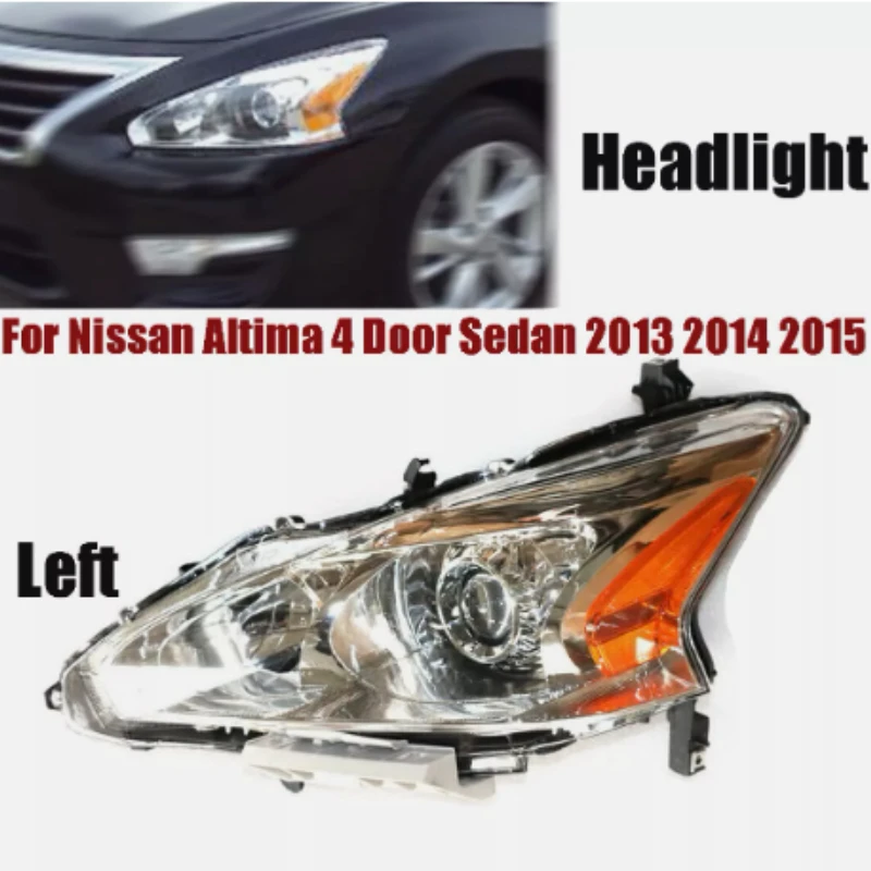 Halogen Headlight Assembly - Chrome Housing Clear Lens Projector Headlight w/ Amber Reflector for 2013-2015 Nissan Altima Sedan