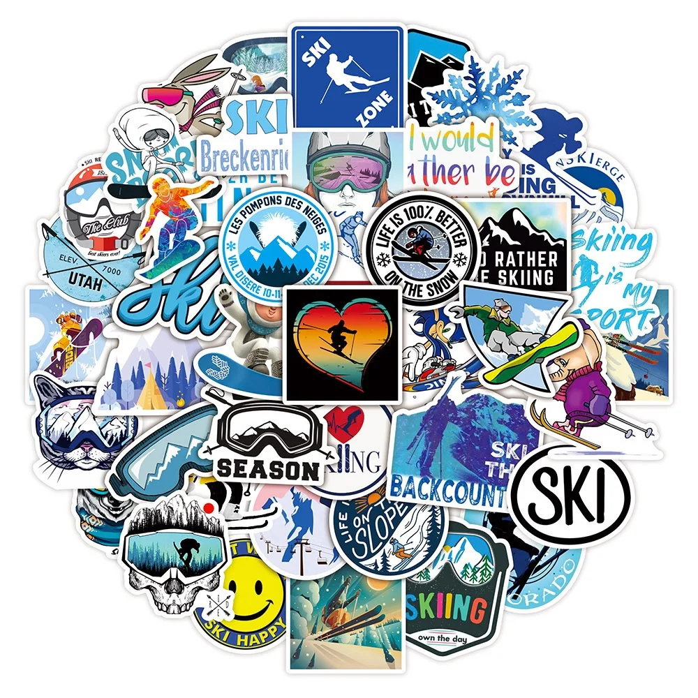 10/50Pcs Funny Winter Ski Skiing Stickers Graffiti Decals Toy DIY Snowboard Luggage Laptop Waterproof Car Styling Sticker