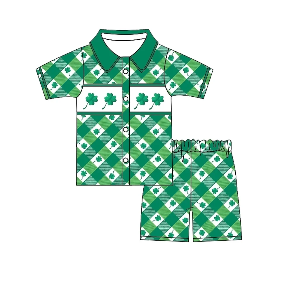 

St. Parker Series Green Four-Leaf Clover Boys and Girls Short Sleeve Suit boutique wholesale baby clothes