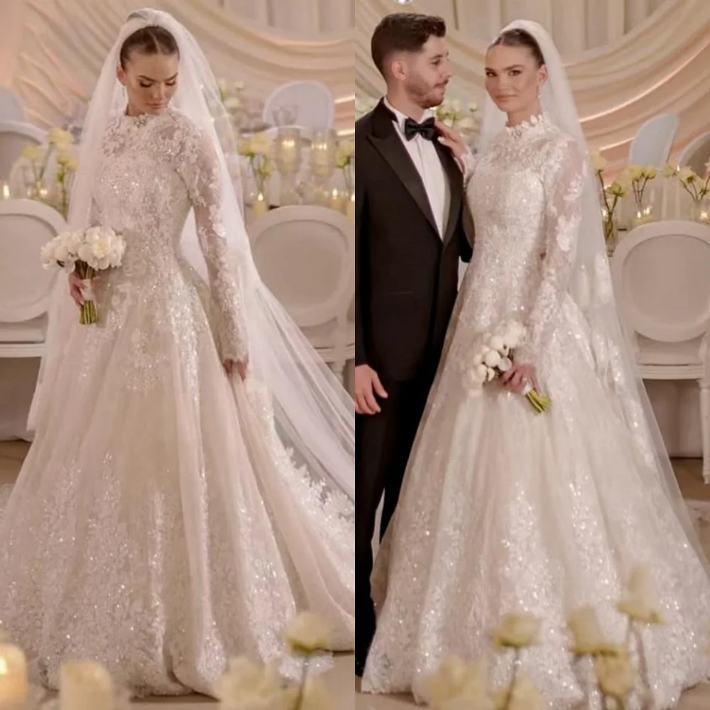 Exquisitos vestidos de novia de tul blanco personalizados, elegante vestido de novia de manga larga con cuello redondo, vestido de novia con cremallera en la espalda