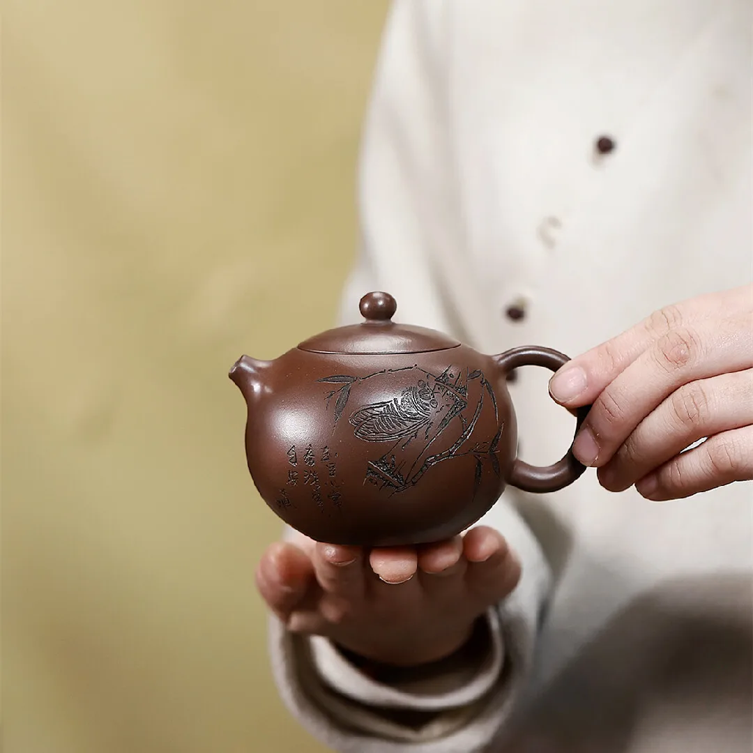 True Yixing Zisha Purple Clay Tea Pot Hand Carved Xishi Pot Ball Shaped Infuser