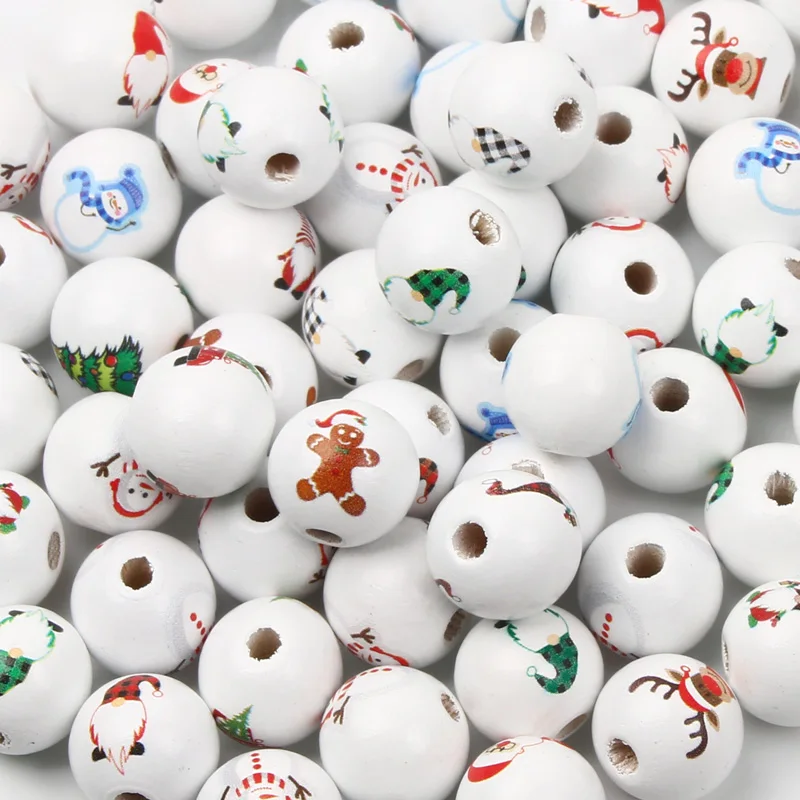 Wood Balls Beads With Christmas Series Pattern 10pcs Round Balls Spacer Natural Wooden Beads For Jewelry Making DIY Accessories