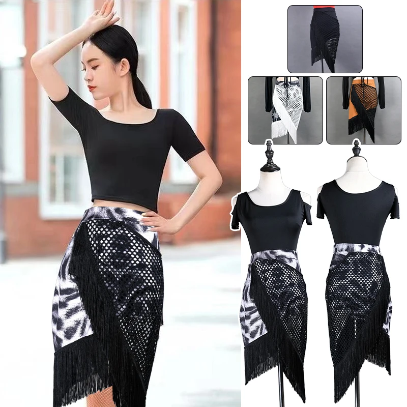 

Women Latin Dance Skirt Sexy Mesh Tassel Patchwork Dance Skirt Ballroom Cha Cha Rumba Tango Practice Stage Performance Costume