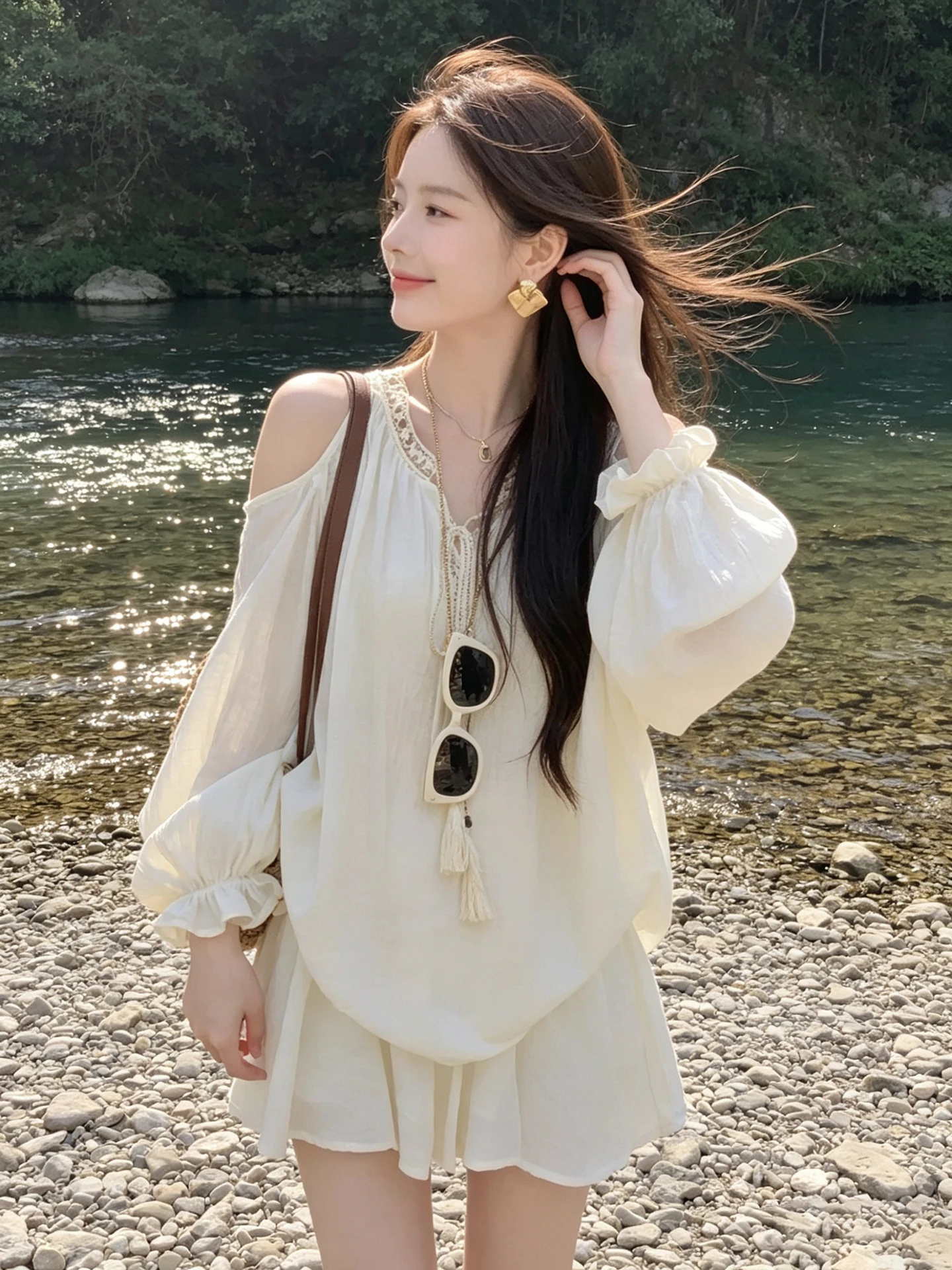 

Laid-back Loose Feel Long Sleeve Shoulder-baring Women's Shirt And High Waist Wide Leg Short Skirt Two-piece Set for Early Su...