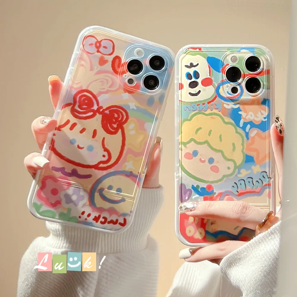 Niedliche Cartoon-Graffiti-unsichtbare Klappständer-Paar-Handyhülle für iPhone 16 15 14 13 12 11 Pro Max XS XR X 7 8 Plus Soft Cover