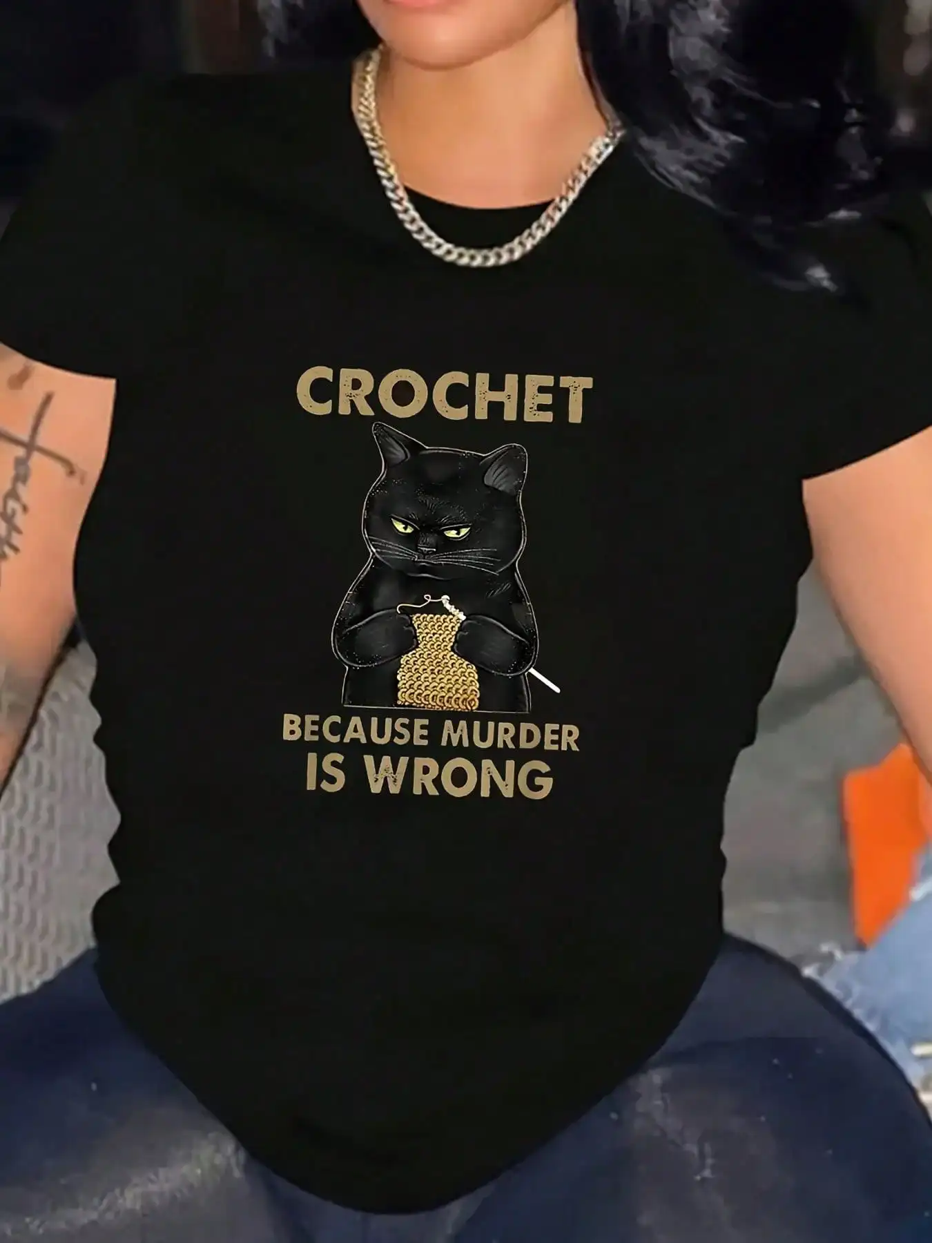 

Womens Crochet Cat Graphic T-Shirt Casual Plus Size Crew Neck Comfortable for Casual Wear, 220g