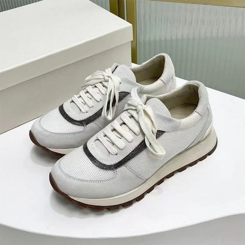 

Casual Sneakers Women Lace Up Chain String Bead Outdoors Running Shoes Lady Cow Suede Patchwork Leisure Flat Sneakers Woman