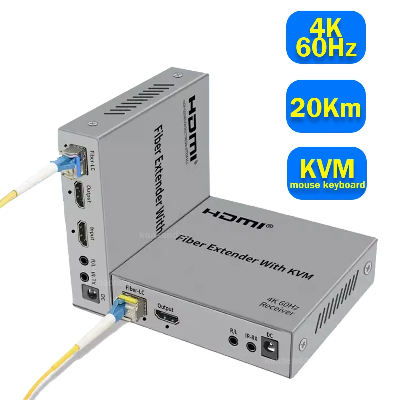 4K 60 HDMI KVM przedłużacz w trybie pojedynczym włókno LC kabel światłowodowy 20Km HDMI USB przedłużacz światłowodu Transceiver klawiatura z myszką