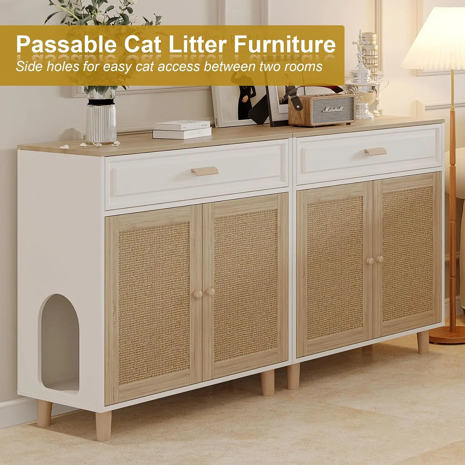 Cat Litter Box Enclosure Furniture Hidden Indoor 2-in-1 Wooden Cat House & Washroom Cabinet with Scratching Board Doors and Draw
