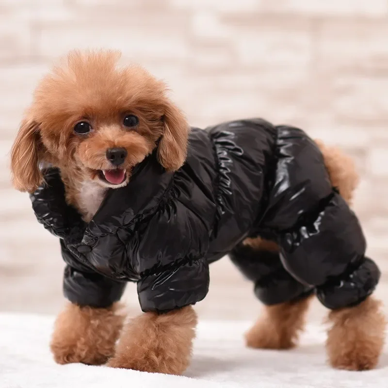 Dog Cat Winter Faux Leather Waterproof Clothes Jumpsuit Hoodie Pet Puppy Coat Down Jacket Thicken Warm Suit Puppy Clothes