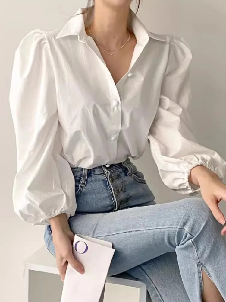 

Chic Spring Faion Lightweight Bubble Sve Turn-down Collar Versatile Single-button Women's irt Commute Sle Pure Color