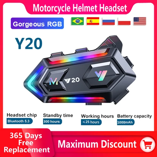 Auriculares Bluetooth 5,3 Y20 para casco de motocicleta, interfono resistente al agua de 1000mAh, dispositivo de teléfono, altavoces comunicador