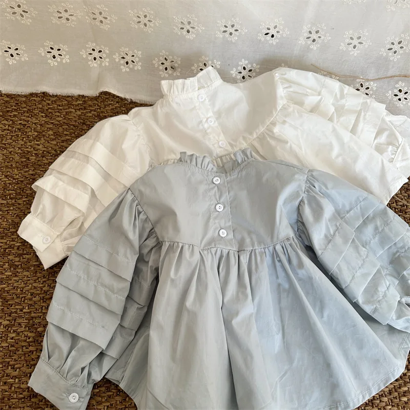 2026 Spring New Korea Girls' Solid Color Shirt Pure Cotton Doll Shirt Stand Up Collar Top