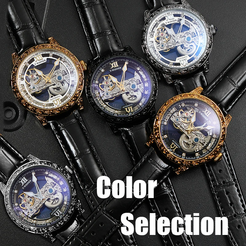 T-Winner Big Brand Mechanical Male Wristwatches For Man Leather Strap Skeleton Flywheel Tourbillon Hollow Out Business Men Watch