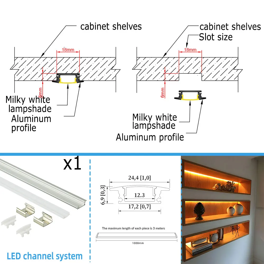 

17*7mm (1pcs) 1m LED Aluminum Strip Light Embedded Installation Professional Lighting for Your Furniture