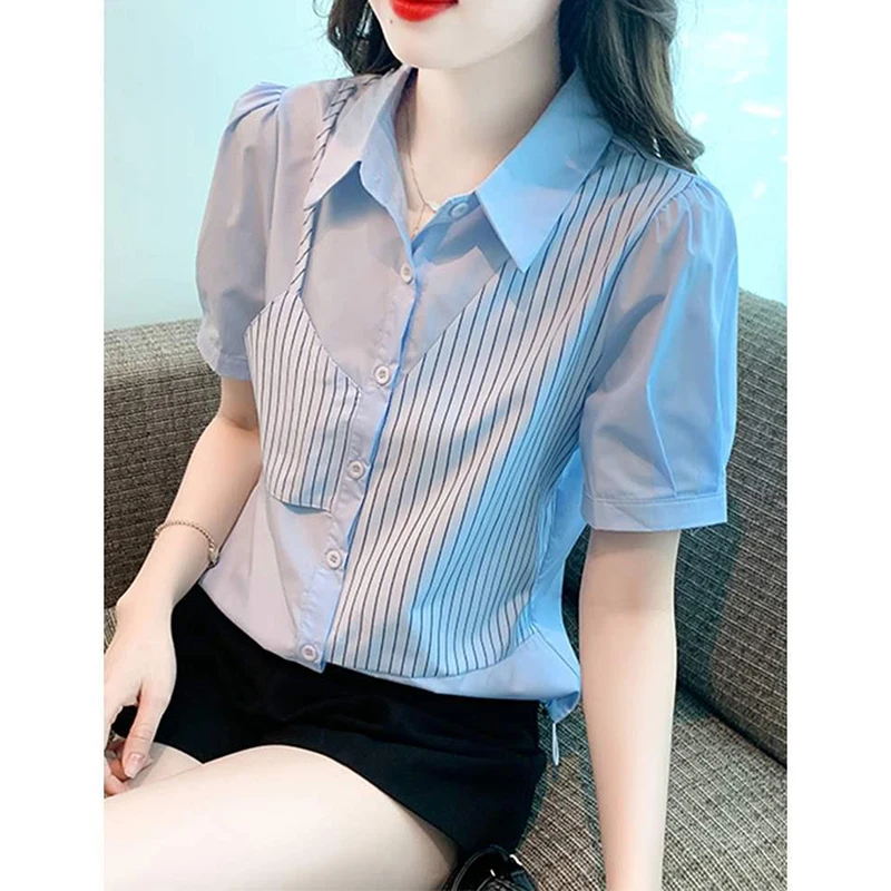 Women Clothing Summer Office Lady Simplicity Elegant Buttons Striped Loose Puff Sleeve Patchwork Korean Wild KPOP Fashion Style