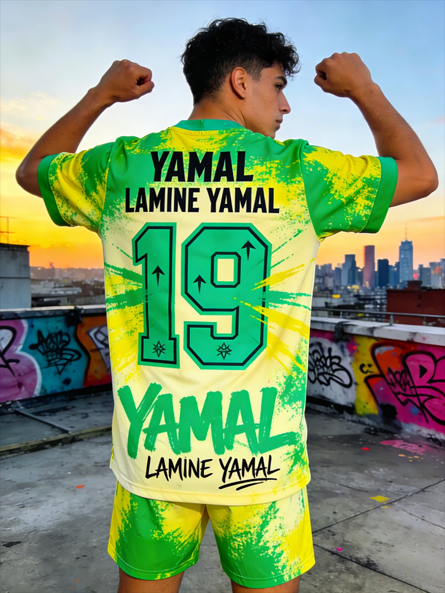 

Yamal #19 Jersey & Shorts Set - Green-Yellow Splatter Design Bold Number & Name Premium Streetwear for Young Soccer Talent Fans