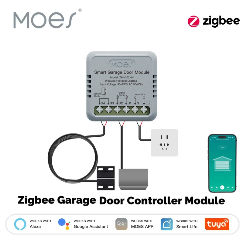 

Контроллер для гаражных ворот MOES Tuya Zigbee, модуль управления, открыватель ворот, голосовое управление, умное приложение, дистанционное управление, совместимость с Alexa и Google Home