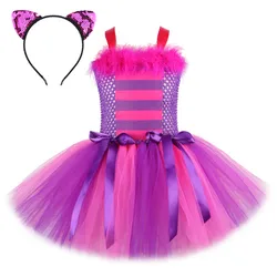 Cheshire Cat Girls Tutu Dress Pink Purple Cartoon Roleplay Dress Headband Kids Children Halloween Party Cosplay Costume Suit