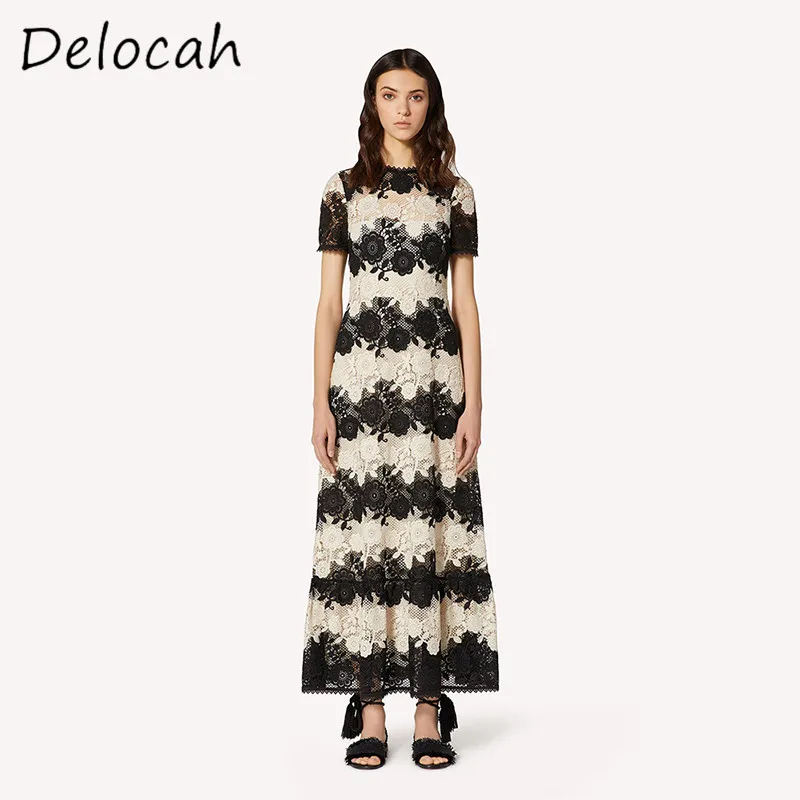 Deloach Fashion Women's Wear Design Round Neck Customized Black White Intercolor Lace Belt Decorative Short Sleeved Dress