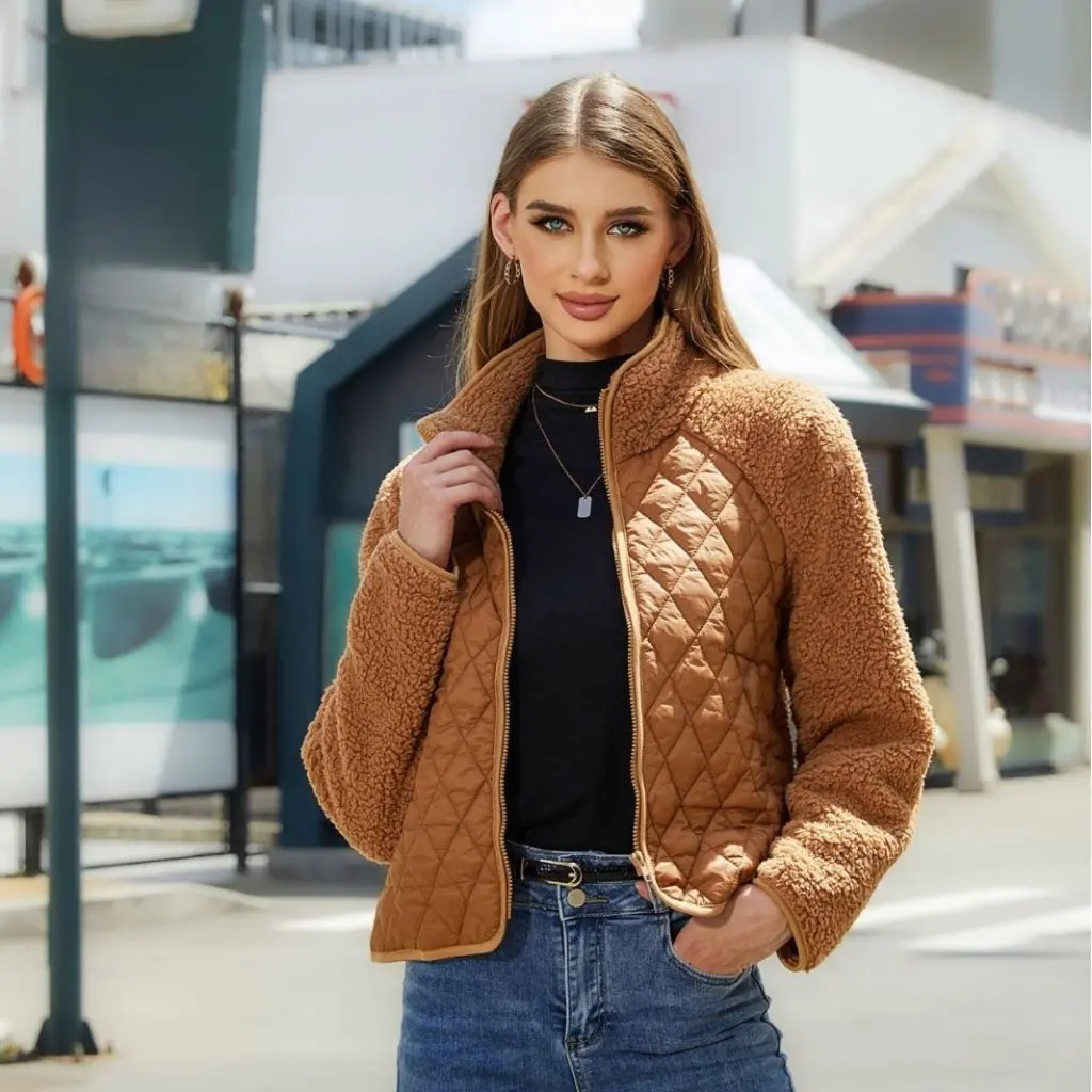 

Women's Velvet Cardigan Autumn Winter Long Sleeve Zipper Plush Stitching European American Style Fashion Coat