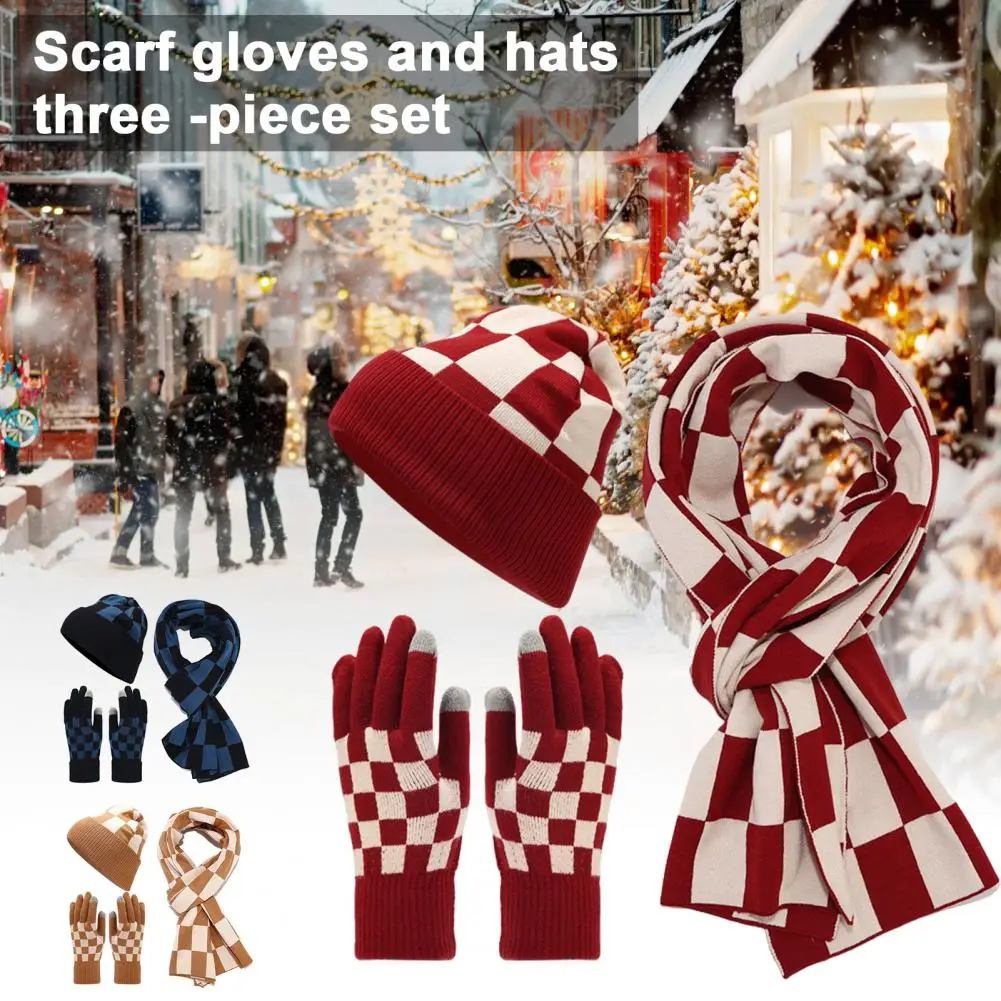 Plaid Style Winter Hat Winter Outdoor Hat Winter Beanie Scarf Gloves Set Check Print Dome Hat Touchscreen Gloves for Outdoor