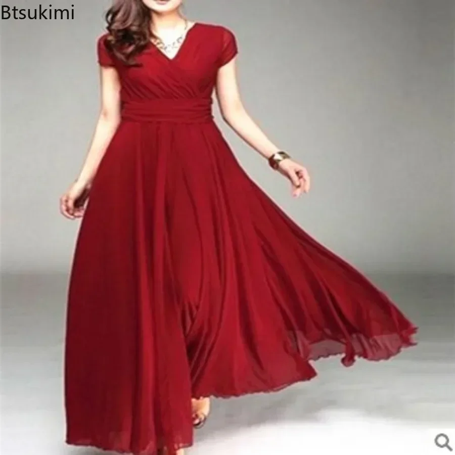 Women's Summer Elegant Chiffon Dress Oversized Sexy Long Dresses Female V-neck Luxury Boho Evening Maxi Party Dress Vestidos
