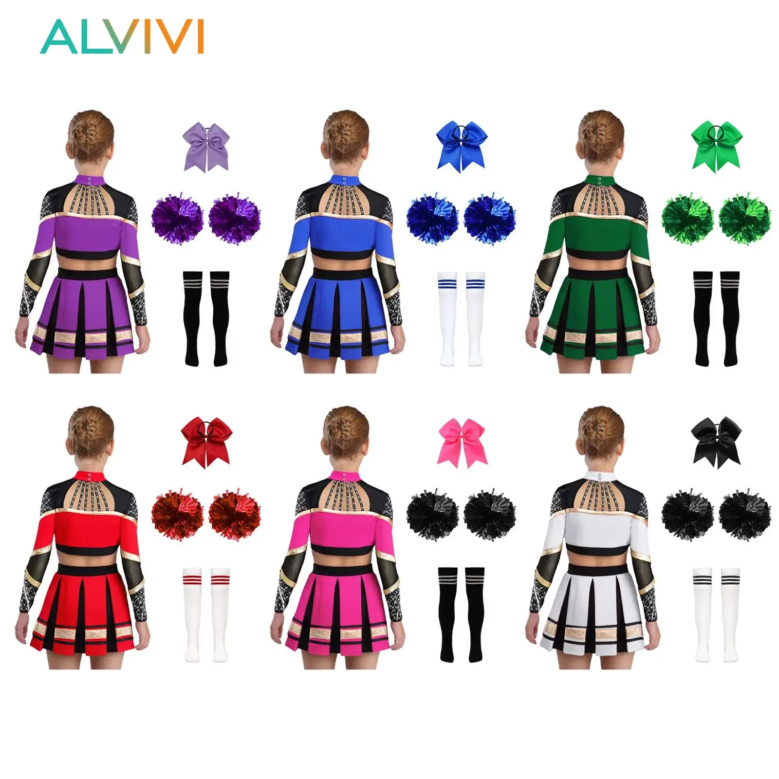 

Костюм чирлидерши для девочек, форма для чирлидинга, балетный танцевальный костюм, укороченный топ с длинными рукавами, стразами и плиссированной юбкой