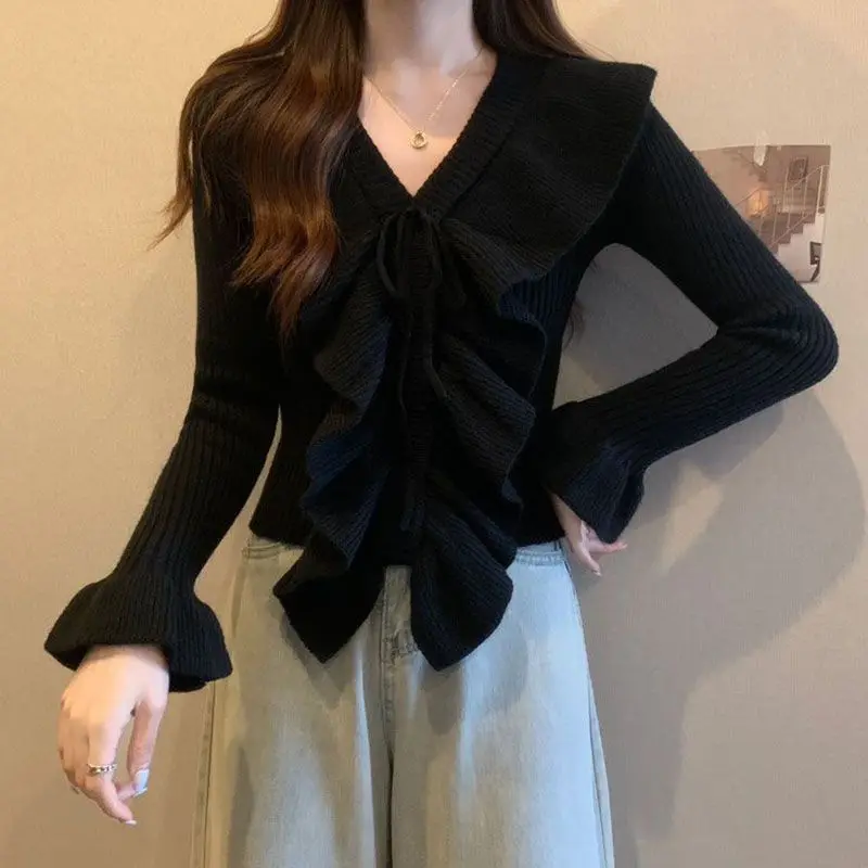 

Fashion Ruffles Spliced Knitted Sweaters Slim Female Clothing All-match Solid Color 2024 Autumn Winter V-Neck Drawstring Jumpers