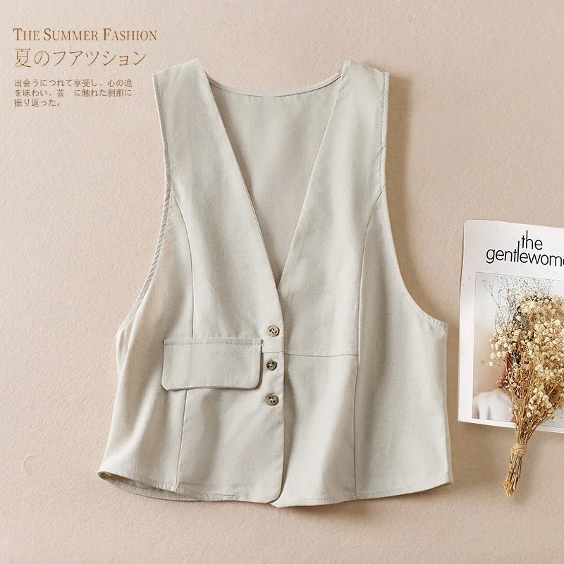 

2025 Summer Comfortable High Quality Female Waistcoat Coat Sleeveless Cotton and Linen Korean Version Women's Vest Jacket