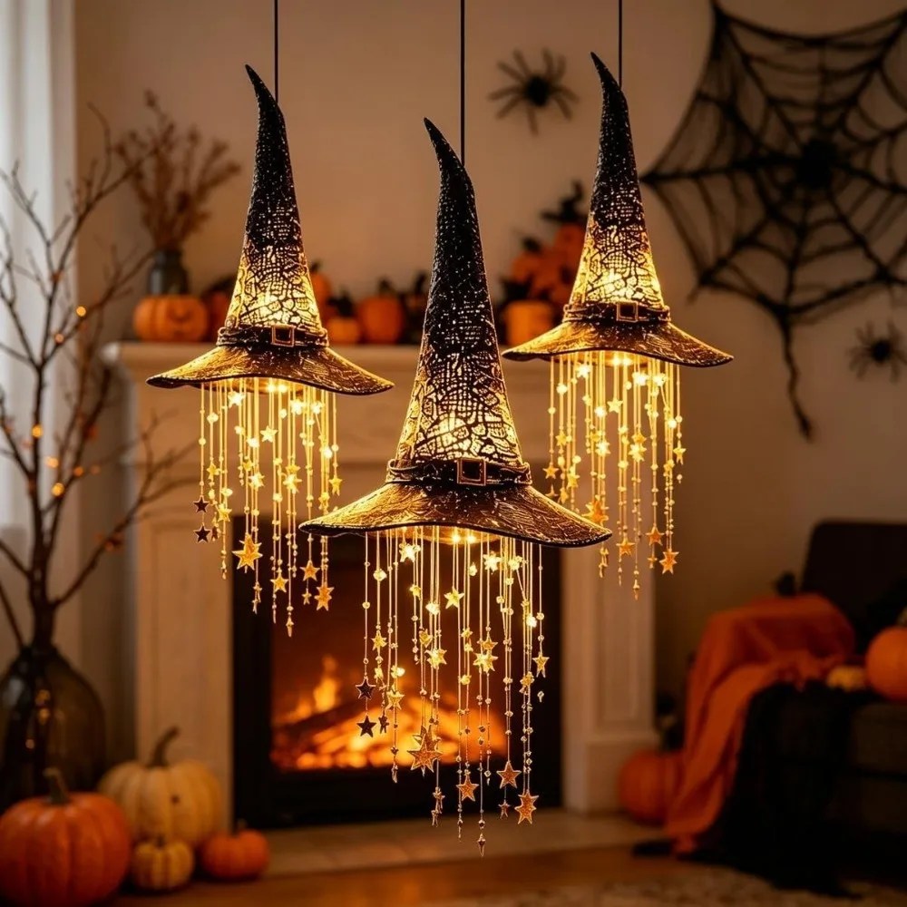 Glowing LED Witch Hat Hanging Chime with Star Tassels Spooky Light‑Up Witch Hat Ornament Vintage with String Light