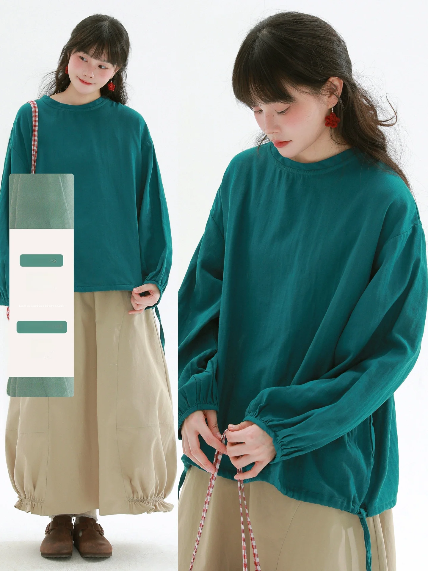 

Rare Loose Fit Long Sleeve round Neck Drawstring Shirt Women's Comfortable Design Casual Style Pure Cotton Spring Fashion