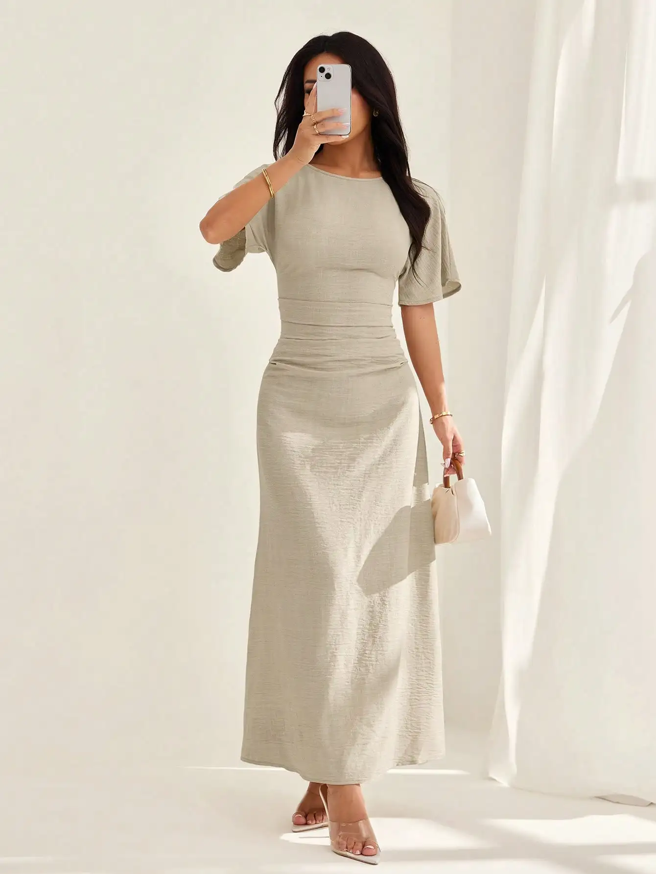 

Petite Women's Summer Linen Blend Solid Color Elegant Midi Dress