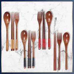 1pc Wooden Chopsticks Fork Spoon Three-piece Set Twine Japanese-style Tableware Kitchen Home Chopsticks Fork Spoon Cutlery Set