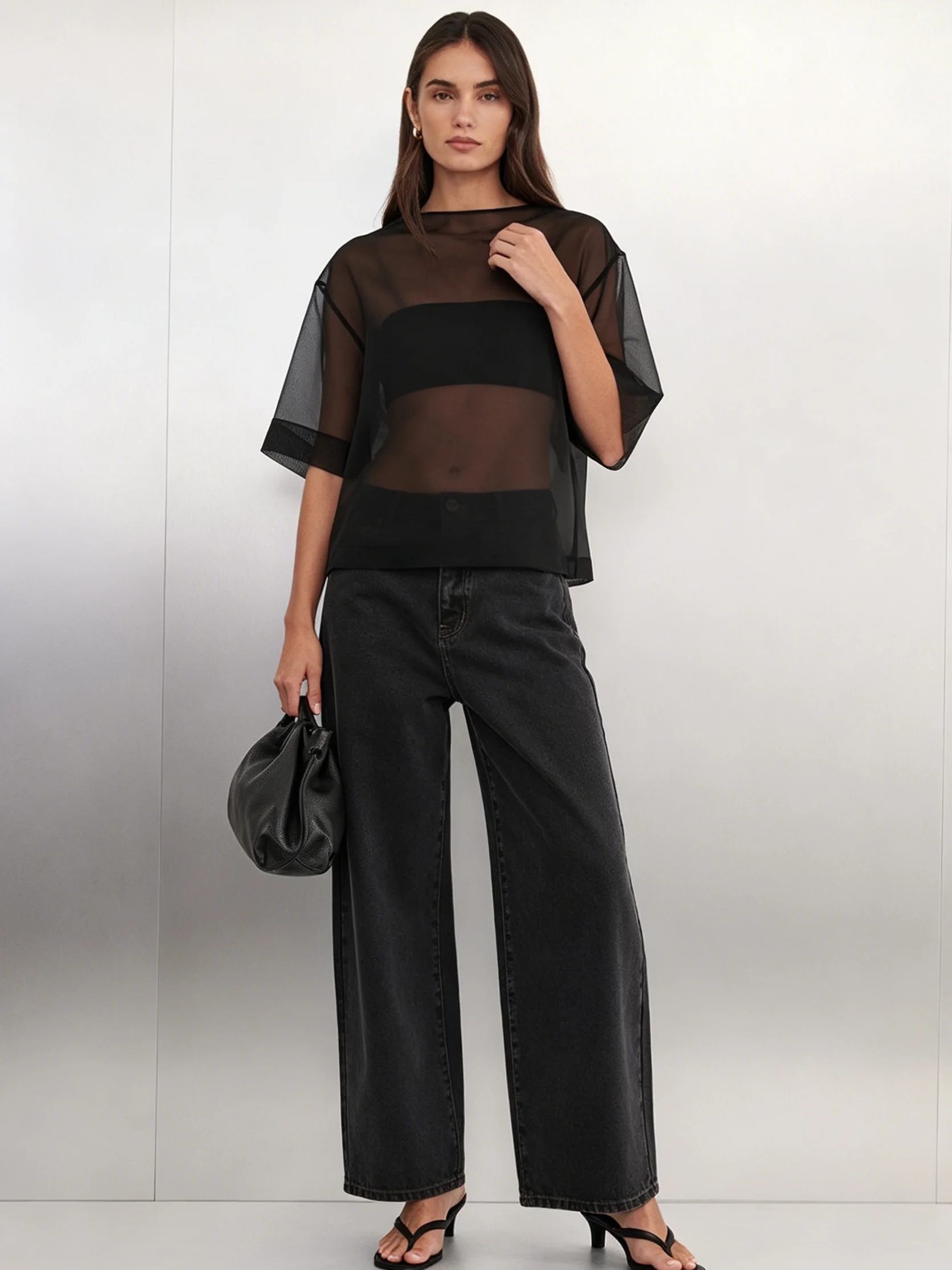 KT 2026 New Women's Sheer Mesh Short Sleeve Top, Round Neck Loose Fit See Through Mesh Blouse with Back Keyhole Detail