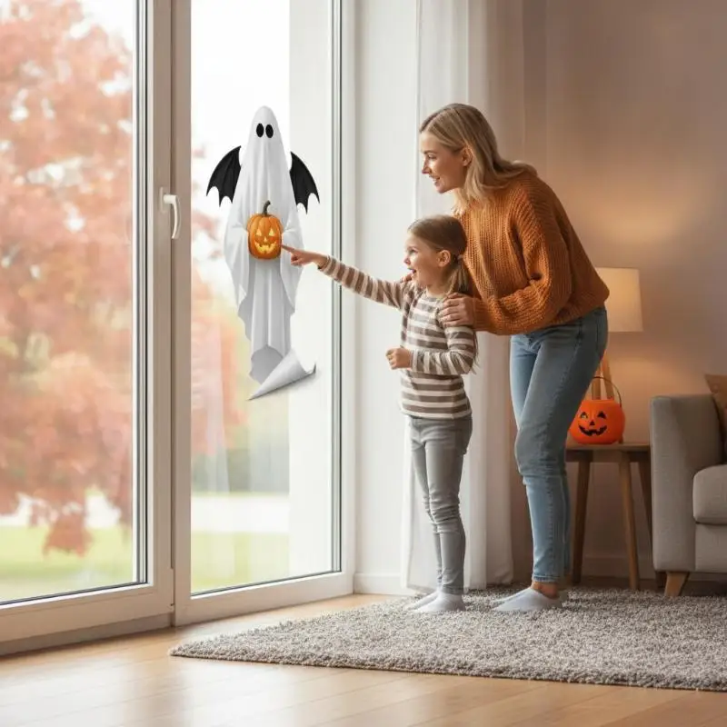 Halloween Window Clings Cute Ghost Spiderweb Bat Design Removable Non-Toxic Adhesive Decals for Family Party Decor