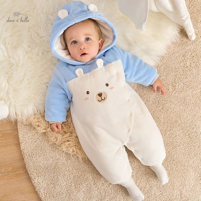 Dave Bella Winter Newborn Kids Cartoon Bear Jumpsuits Beige Hooded One-Pieces Infant Baby Romper DB4237061