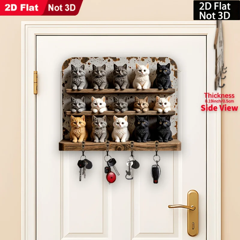 2D Cat Themed Wooden Key Hook 1 Pack Multi Functional Wall Mount Key Holder With Four Metal Hooks Home Porch Room Villa Decor