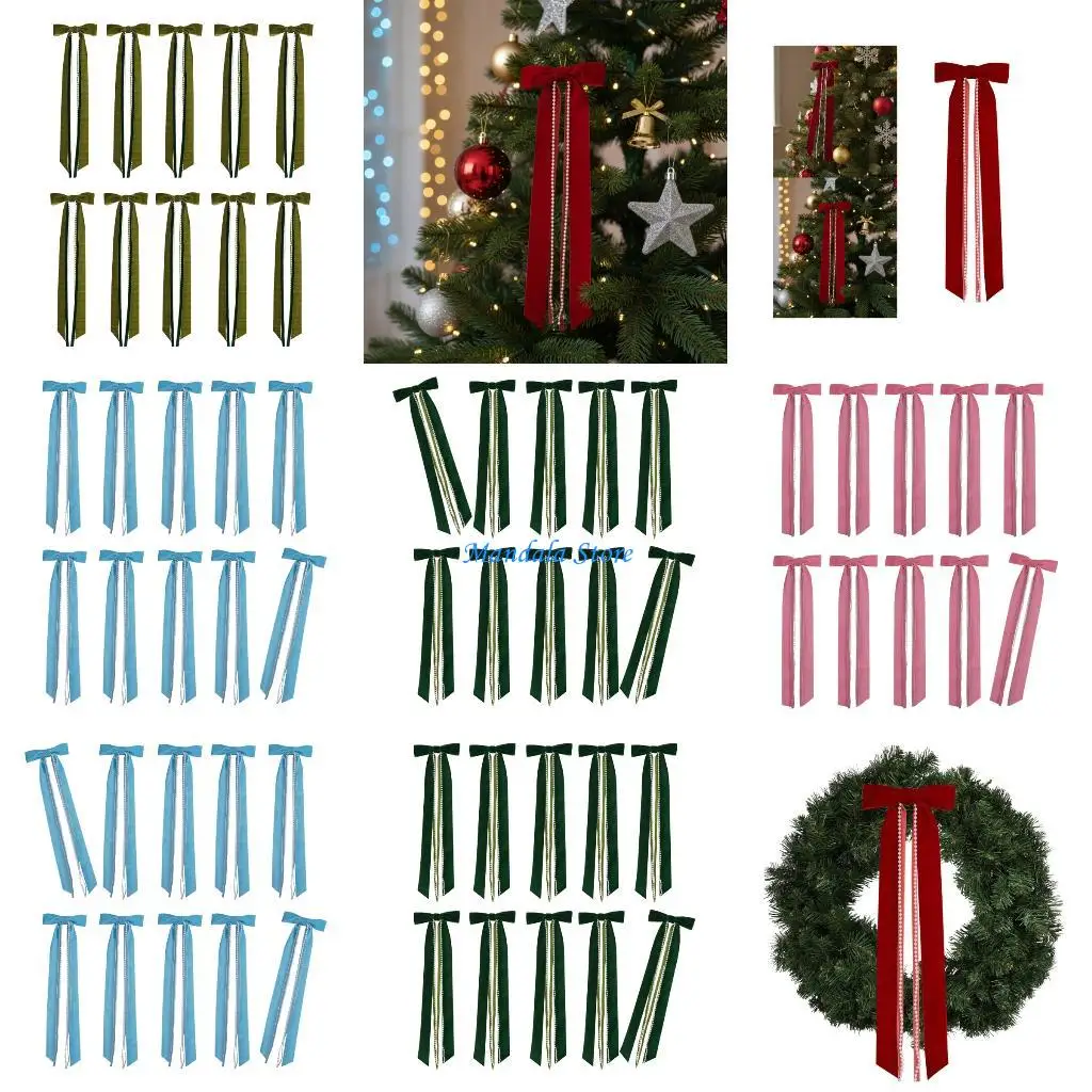 

U2JC 10Pcs Christmas Tree Bowknot Ornament Velvety Fabric Bowknot with Pearls Tassels for Wreath Wrapping Wedding Decoration