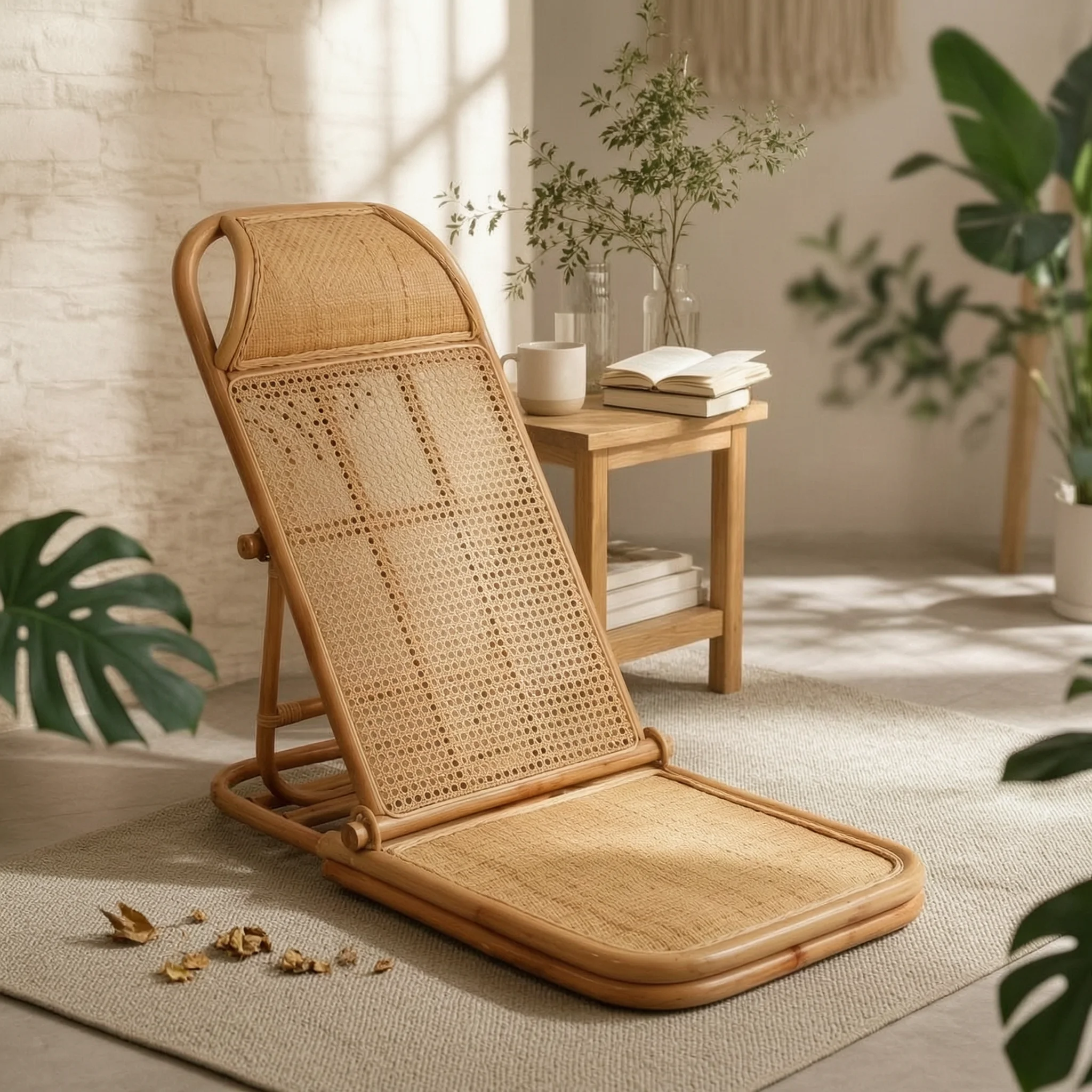 Rattan Floor Chair Reclining Positions Folding Rattan Lounge Chair Adjustable Floor Lounger Space Saving for Tea Corner