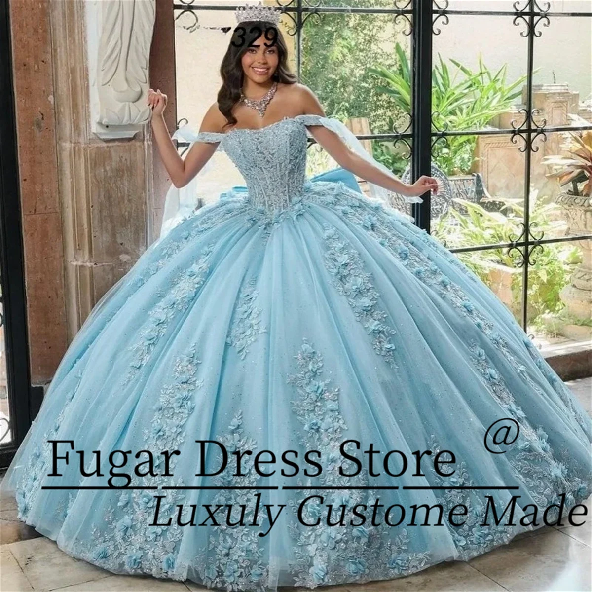 

Customized Blue Princess Quinceanera Dress Ball Gowns Shiny Lace Applique Beaded Crystal Bow Corset vestidos de 15 quinceañera