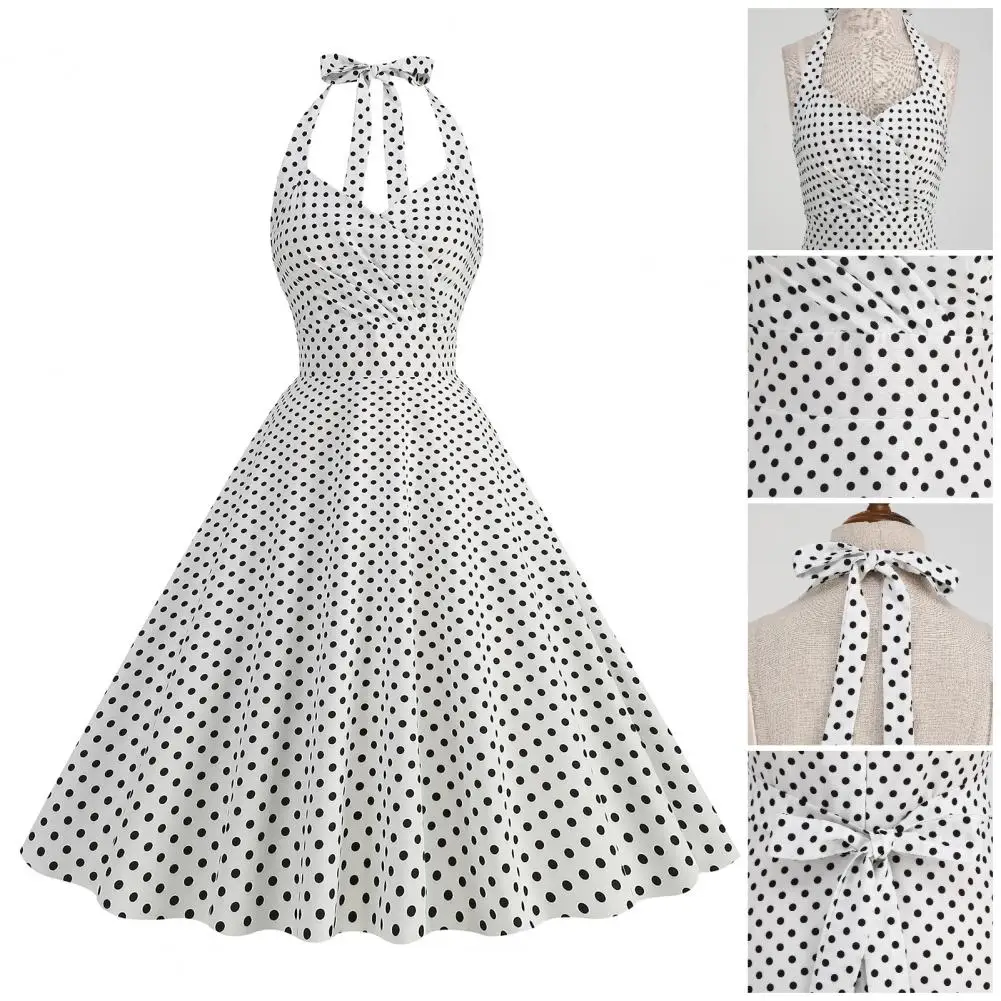 Princess Style Midi Dress Women Slim Fit Dress Elegant Vintage Dot Print A-line Evening Dress with Halter Neck for Special